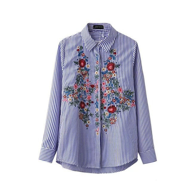 Flower Embroidery Cut Off Stripe L/S Shirt – YZ