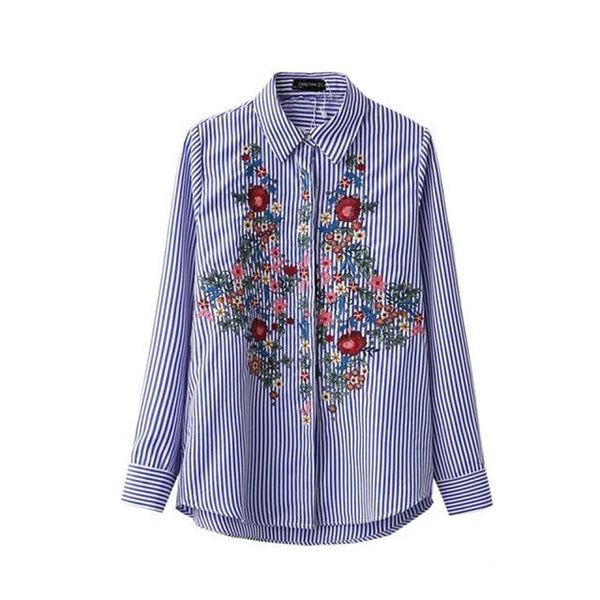 Casual Blue Striped Button Front Shirt with Floral Embroidery