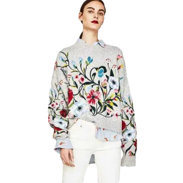 Floral Embroidery Cashmere Blend Sweater